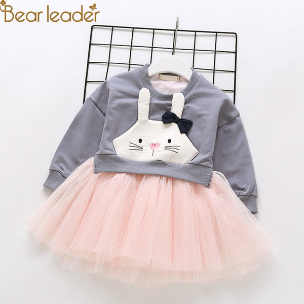 Bear Leader Girls Dresses 2018 New Fashion Girls Autumn Sweet Bow Bunny Applique Mesh Stitching Dress Cute girl costume for 3-7Y