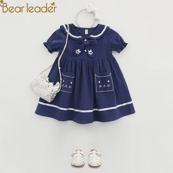 Bear Leader Girls Dress 2018 New Summer Girls Military Dress Cartoon Print Sailor Collar Lantern Sleeve Design for Kids Clothes