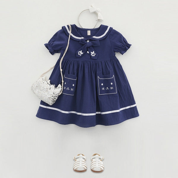 Bear Leader Girls Dress 2018 New Summer Girls Military Dress Cartoon Print Sailor Collar Lantern Sleeve Design for Kids Clothes