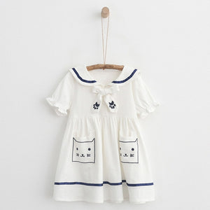 Bear Leader Girls Dress 2018 New Summer Girls Military Dress Cartoon Print Sailor Collar Lantern Sleeve Design for Kids Clothes