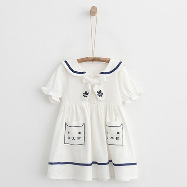 Bear Leader Girls Dress 2018 New Summer Girls Military Dress Cartoon Print Sailor Collar Lantern Sleeve Design for Kids Clothes