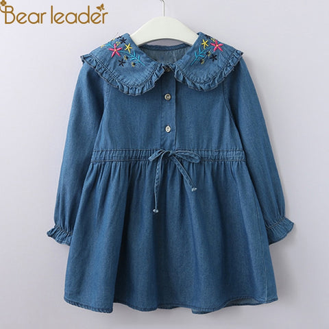 Bear Leader Girls Dress 2018 New Autumn Kids Flower Embroidery Ruffled Long Sleeve Drawstring Princess Dresses For 3-11 Years
