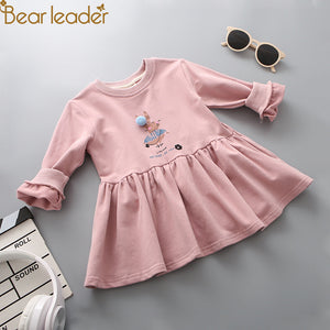 Bear Leader Girls Dress 2018 New Fashion Sweet Autumn Cartoon Rabbit Print with Pompom Thick Long Sleeve Dress for 3-7 Years