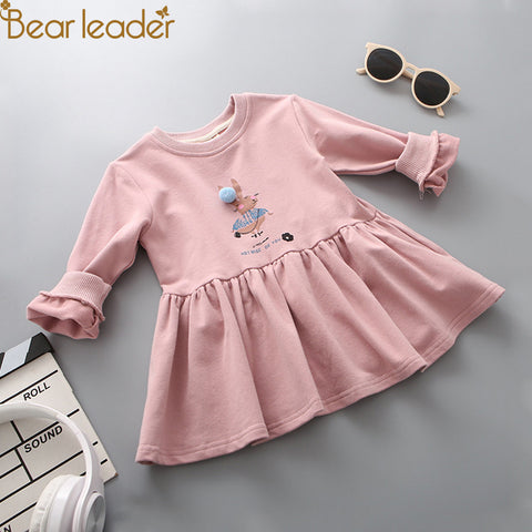 Bear Leader Girls Dress 2018 New Fashion Sweet Autumn Cartoon Rabbit Print with Pompom Thick Long Sleeve Dress for 3-7 Years
