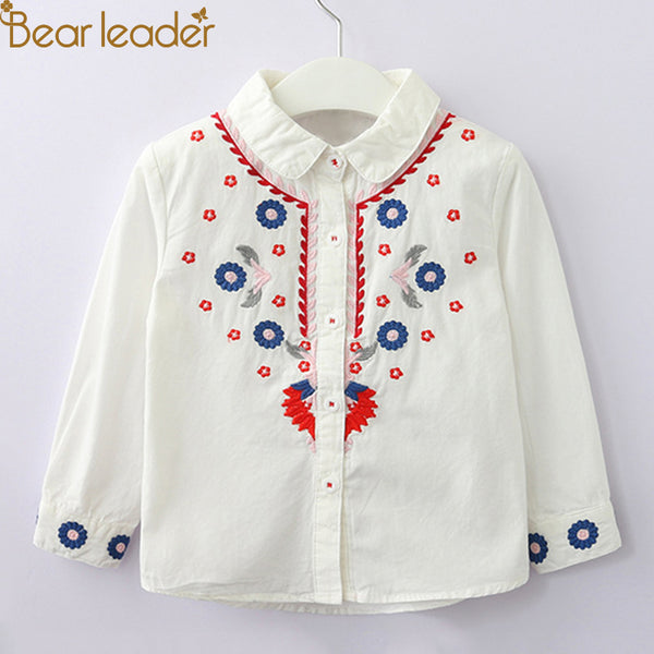 Bear Leader Girls Shirts 2018 New Autumn Chinese Style Flower Embroidered Kids Shirts Turn-down Collar Full Sleeve Shirt