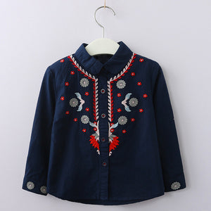 Bear Leader Girls Shirts 2018 New Autumn Chinese Style Flower Embroidered Kids Shirts Turn-down Collar Full Sleeve Shirt