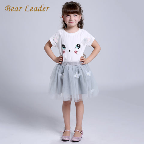 Bear Leader Girls Dress 2018 New Autumn Casual Style Cartoon Kitten Print Bow Design Dress for Girls Clothes Princess Dresses
