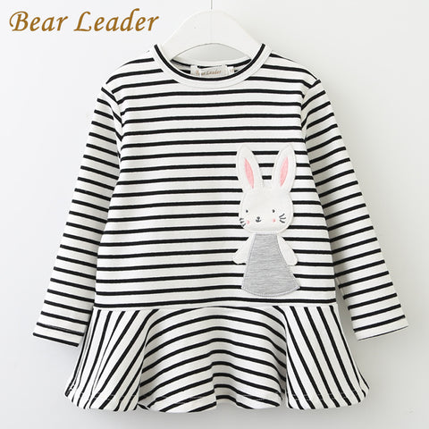 Bear Leader Girls Dress 2018 New Autumn Kids Clothes Long Sleeve O-neck Striped Bunny Rabbit Appliques Design for Girls Dresses