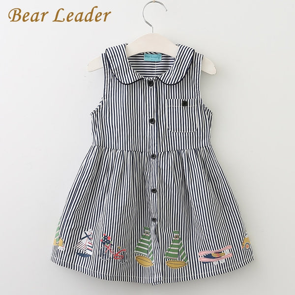Bear Leader Girls Dress 2018 New Summer Style Brand Kids Dress Peter pan Collar Sleeveless Striped Pattern Pring for Baby Dress