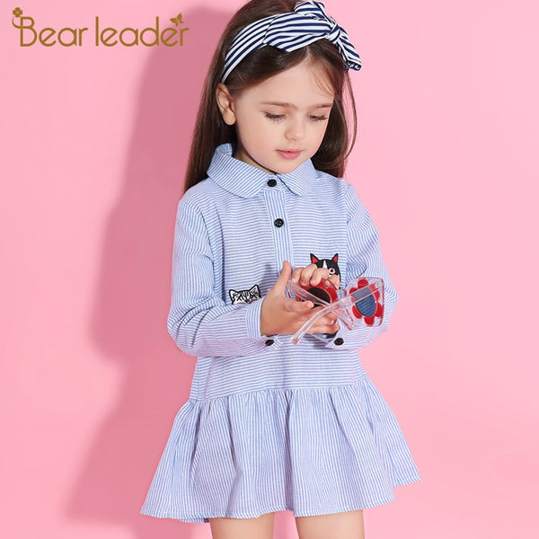 Bear Leader Girls Dress 2018 New Autumn Shirts Dresses Long Sleeve Striped Embroidery Cut Dog &Cat Design Dresses For 3-7 Years