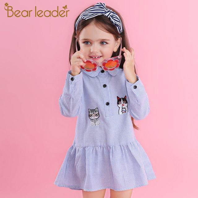 Bear Leader Girls Dress 2018 New Autumn Shirts Dresses Long Sleeve Striped Embroidery Cut Dog &Cat Design Dresses For 3-7 Years