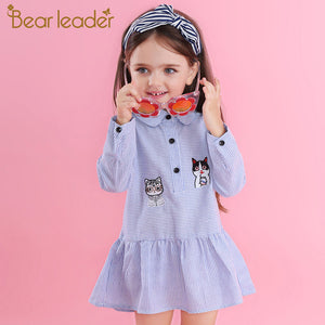Bear Leader Girls Dress 2018 New Autumn Shirts Dresses Long Sleeve Striped Embroidery Cut Dog &Cat Design Dresses For 3-7 Years