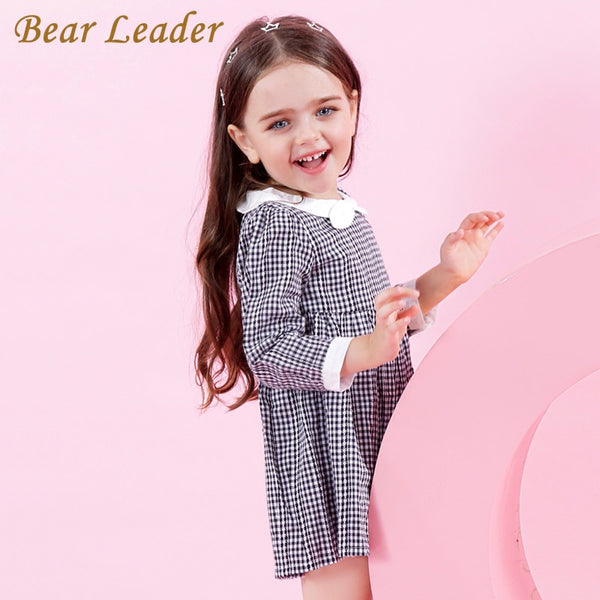 Bear Leader Girls Dress 2018 New Autumn Preppy Style Girls Dress White and Black Plaid Cute Neck Princess Dress For 3-7 Years