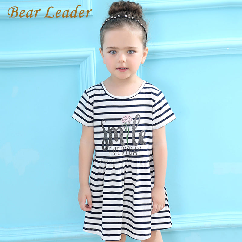 Bear Leader Girls Dress 2018 Brand Summer Striped Dress Letter Pattern Printing Black and White Striped for Baby Girls Dress