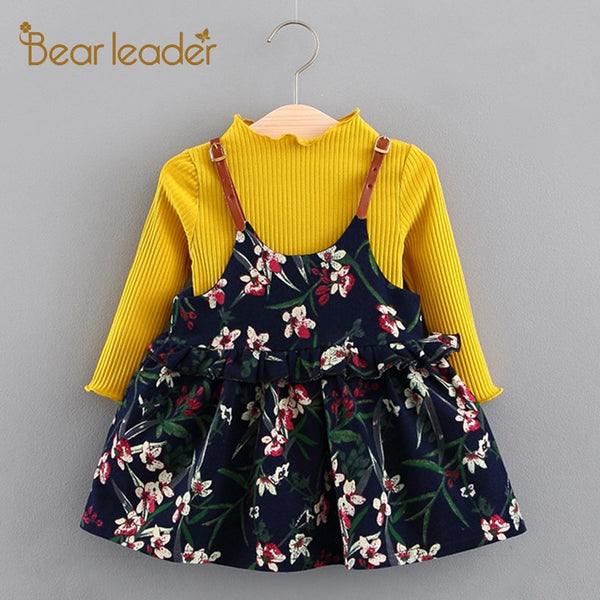Bear Leader Girls Dress 2018 New Autumn Baby Girls Blouse Flowers Print Dress+Crew Neck Shirts 2PCS Children Clothing For 6-24M
