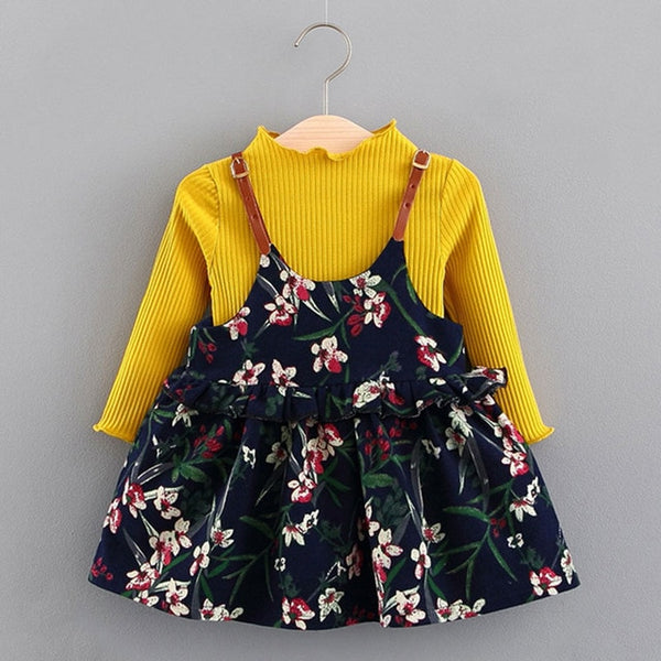 Bear Leader Girls Dress 2018 New Autumn Baby Girls Blouse Flowers Print Dress+Crew Neck Shirts 2PCS Children Clothing For 6-24M