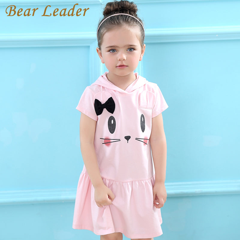 Bear Leader Girls Dress 2018 Brand Hooded Cartoon Baby Girls Dress  Active Cartoon Cats Pattern Children Clothing 2-6 year