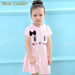 Bear Leader Girls Dress 2018 Brand Hooded Cartoon Baby Girls Dress  Active Cartoon Cats Pattern Children Clothing 2-6 year
