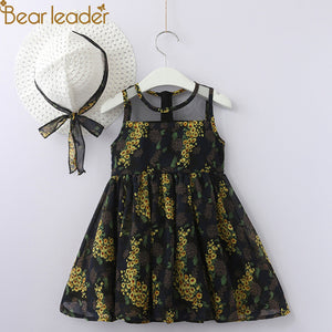 Bear Leader Girls Dress 2018 New Autumn Girls Clothes Sleeveless Full Flowers Design Dress With Hat For 2-6 Years Girls Clothing