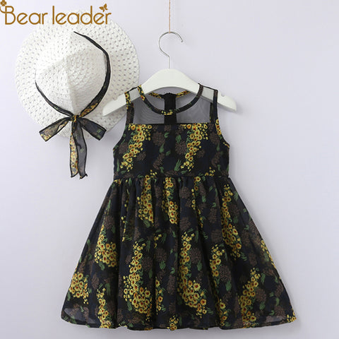Bear Leader Girls Dress 2018 New Autumn Girls Clothes Sleeveless Full Flowers Design Dress With Hat For 2-6 Years Girls Clothing