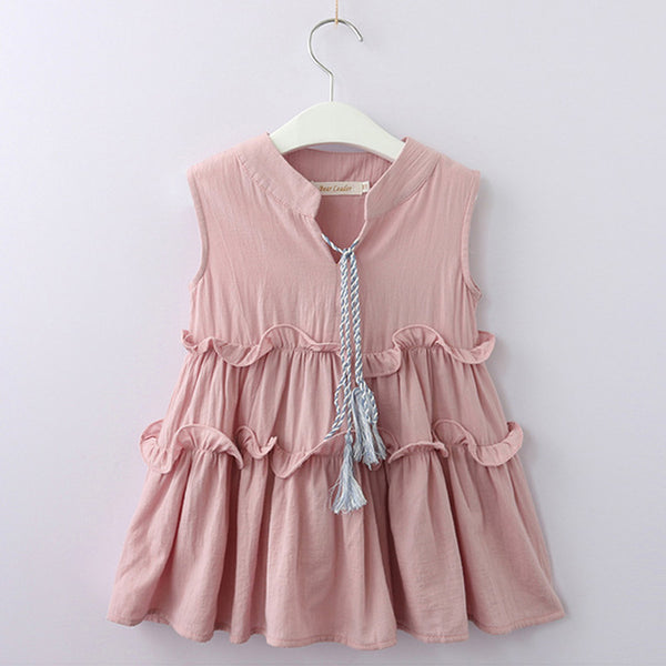 Bear Leader Girls Dress 2018 New Girls Solid Color Cotton And Linen Wave Hanging Sleeve Strap Princess Dress For 3-7 Years