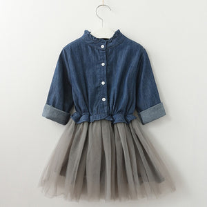Bear Leader Girls Dresses 2018 New Fashion Princess Clohting Cowboy Stitching Net Yarn Ball Gown Girls Dresses Clothes For 3-7Y