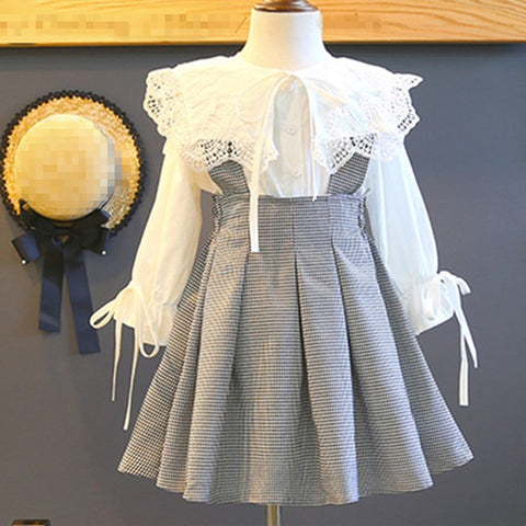 Bear Leader Girls Dress 2018 New Autumn England Style Lace Long Sleeve Shirt + Plaid Strap Dress For Princesss 3-7 Years