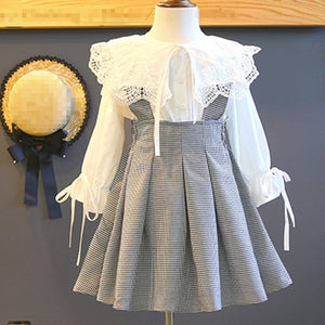 Bear Leader Girls Dress 2018 New Autumn England Style Lace Long Sleeve Shirt + Plaid Strap Dress For Princesss 3-7 Years