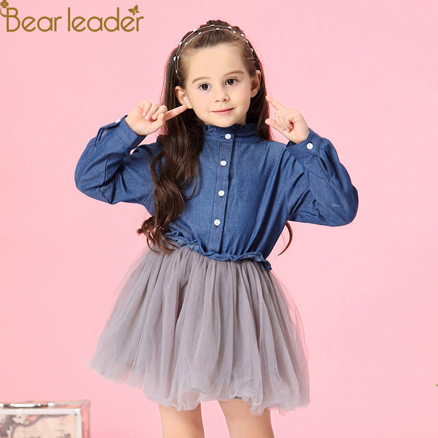 Bear Leader Girl Dress 2018 New Summer Casual Style O-Neck Long Sleeve Denim Shirt + Lace Patchwork Dress 2 Piece Girl Dress