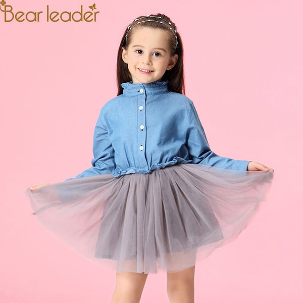 Bear Leader Girl Dress 2018 New Summer Casual Style O-Neck Long Sleeve Denim Shirt + Lace Patchwork Dress 2 Piece Girl Dress