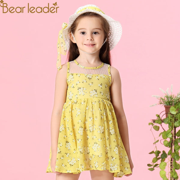 Bear Leader Girls Dresses 2018 New Summer Flower Print Princess Girl Clothing Splicing Gauze Layered Dress+Hat 2Pcs For 2-6Years