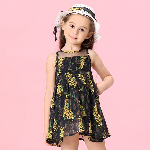 Bear Leader Girls Dresses 2018 New Summer Flower Print Princess Girl Clothing Splicing Gauze Layered Dress+Hat 2Pcs For 2-6Years
