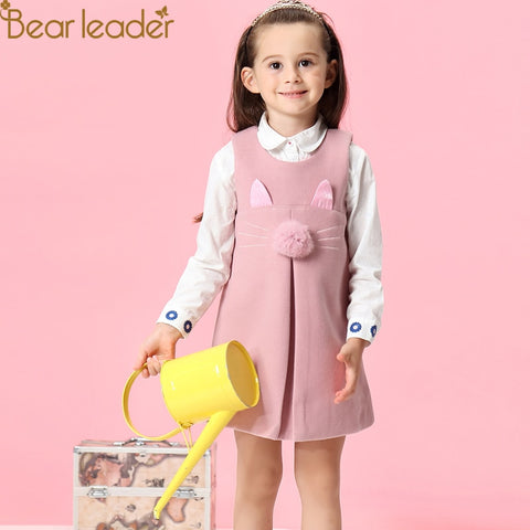 Bear Leader Girls Dress 2018 New Autumn Casual Style Solid A-Line Sleeveless Rabbit Ears With Fur Ball Accessories KIds Dress