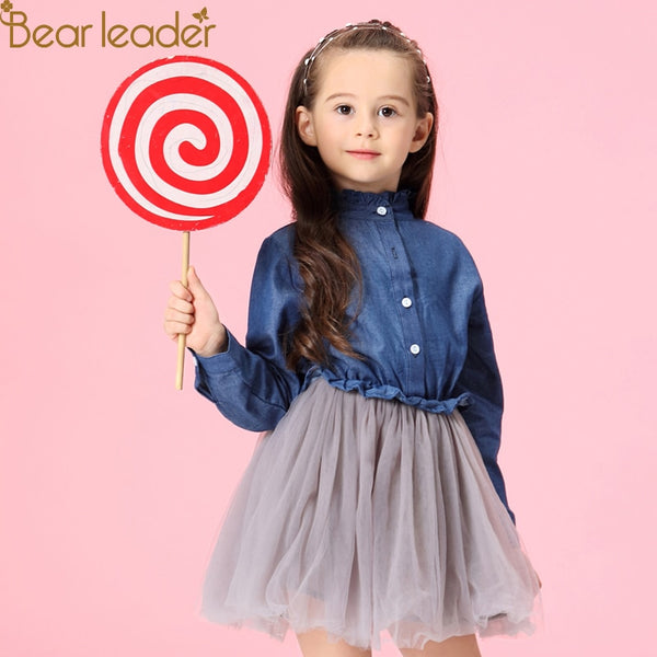 Bear Leader Girls Dresses 2018 New Summer Fashion Princess Cowboy Stitching Voile Denim Dresses  Girls Clothing For 3-7Y