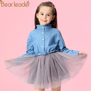 Bear Leader Girls Dresses 2018 New Summer Fashion Princess Cowboy Stitching Voile Denim Dresses  Girls Clothing For 3-7Y