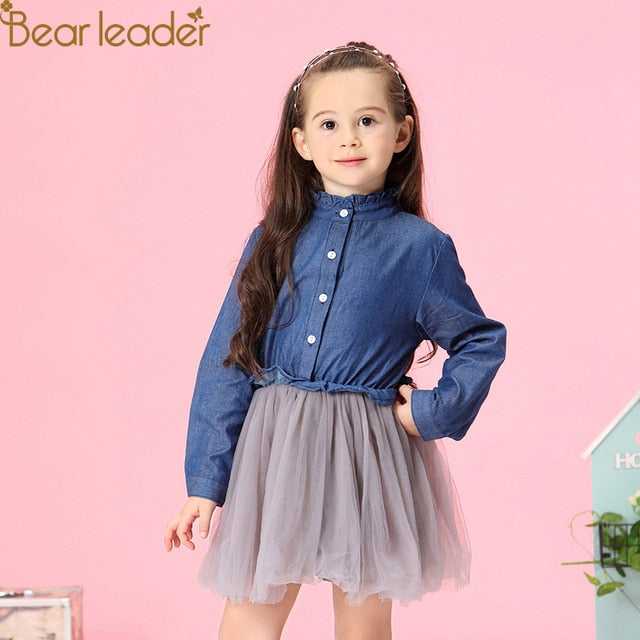 Bear Leader Girls Dresses 2018 New Summer Fashion Princess Cowboy Stitching Voile Denim Dresses  Girls Clothing For 3-7Y