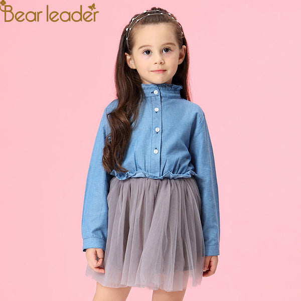 Bear Leader Girls Dresses 2018 New Summer Fashion Princess Cowboy Stitching Voile Denim Dresses  Girls Clothing For 3-7Y