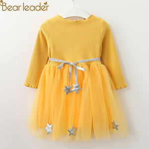 Bear Leader Girls Dress 2018 New Fashion Princess Clothing Pentagram Sticker Design Mesh Wish Belt For Children Dress 3-7years