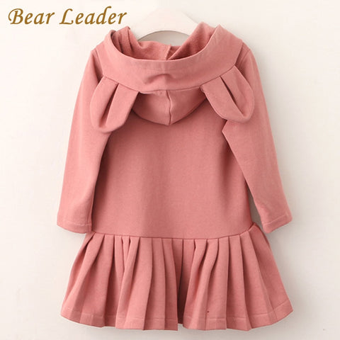 Bear Leader Girls Dress New Brand Baby Girls Blouse Rabbit Ears Hooded Ruched Long Sleeve Children Clothing Dress Girls Clothes