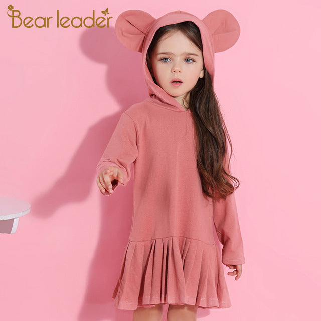 Bear Leader Girls Dress New Brand Baby Girls Blouse Rabbit Ears Hooded Ruched Long Sleeve Children Clothing Dress Girls Clothes