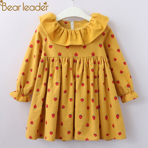 Bear Leader Girls Dress New Autumn Casual Style Cartoon Long Sleeve Dot Pettern Turn-domn Collar Design for Girls Clothes