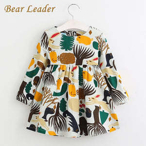 Bear Leader Girls Dress 2018 New Spring England Style Girls Clothes Long Sleeve Cartoon Forest Animals Graffiti for Kids Dresses