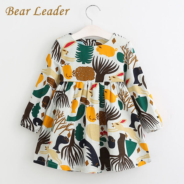 Bear Leader Girls Dress 2018 New Spring England Style Girls Clothes Long Sleeve Cartoon Forest Animals Graffiti for Kids Dresses
