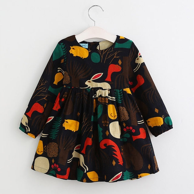 Bear Leader Girls Dress New Spring Casual Style Girls Clothes Long Sleeve Cartoon Forest Animals Graffiti for Kids Dresses