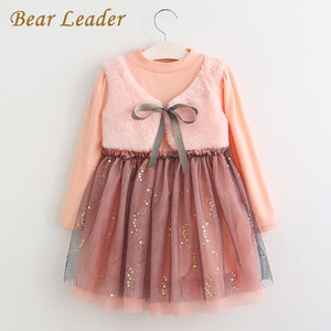 Bear Leader Girls Dress 2018 New Autumn Casual Style Cartoon Pink Long Sleeve Wool Bow Design For Princess Dress Girls Clothes