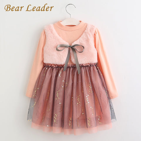 Bear Leader Girls Dress 2018 New Autumn Casual Style Cartoon Pink Long Sleeve Wool Bow Design For Princess Dress Girls Clothes