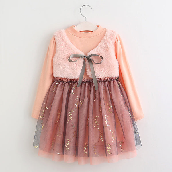 Bear Leader Girls Dress 2018 New Autumn Casual Style Cartoon Pink Long Sleeve Wool Bow Design For Princess Dress Girls Clothes