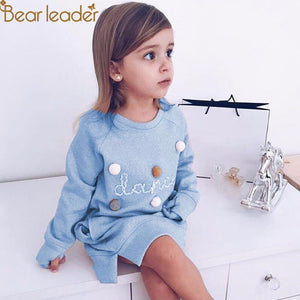 Bear Leader Autumn Winter Cartoon Letter Embroidery Sweatshirt Girl Fashion Long Hoodie Dress Pullover Moletom Feminina 2-6T
