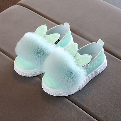 Cute toddlers baby girls rabbit ear pompom shoes for children kids leather single shoes princess casual shoes