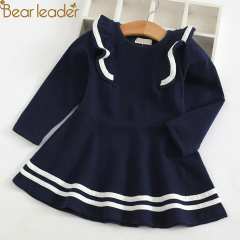 Bear Leader Girls Dress 2018 New Autumn Casual Ruffles A-Line Striped Full Sleeve Kids Dress For 3T-7T